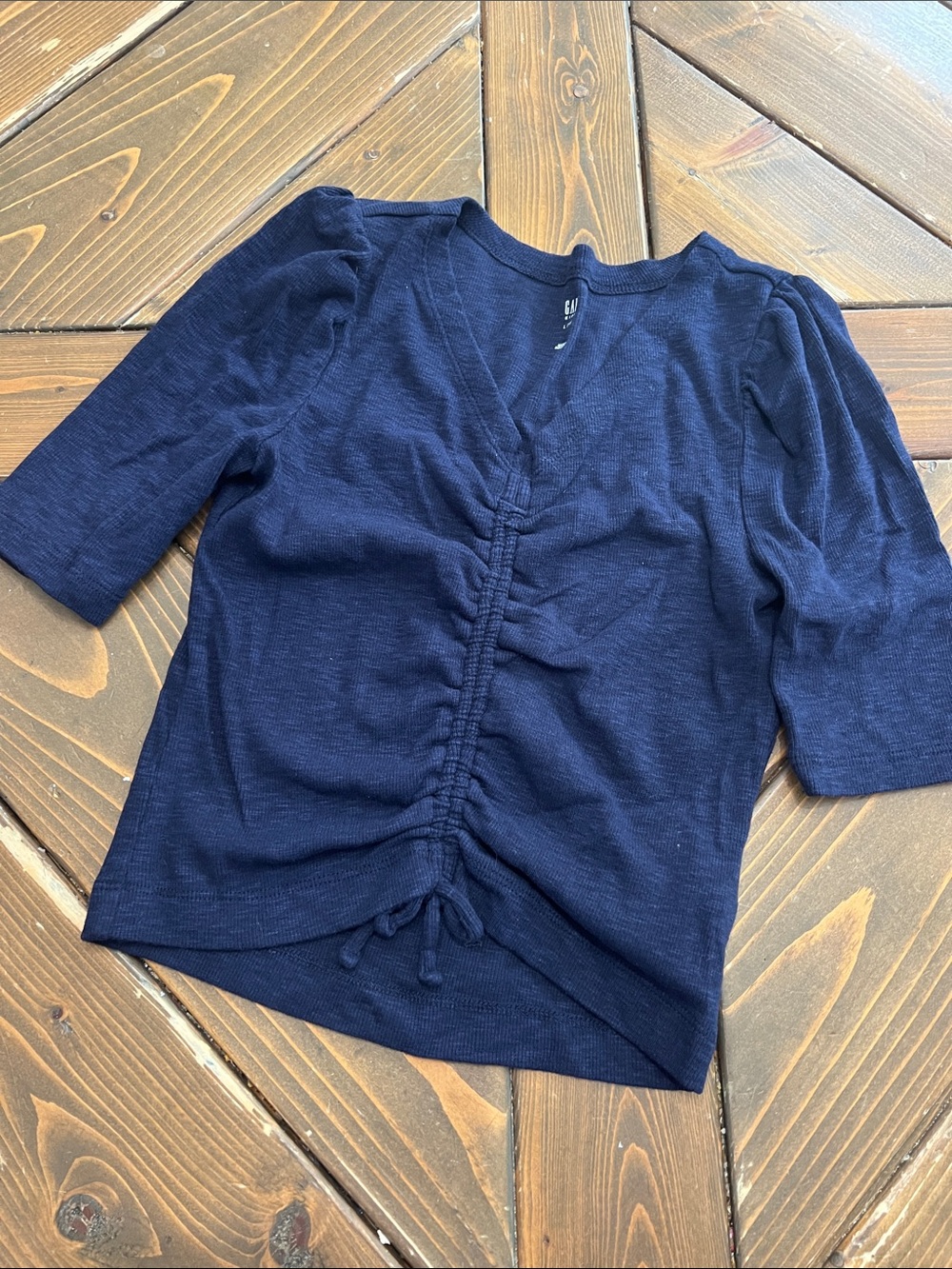 GAP Navy Drawstring Ruched V-Neck Top